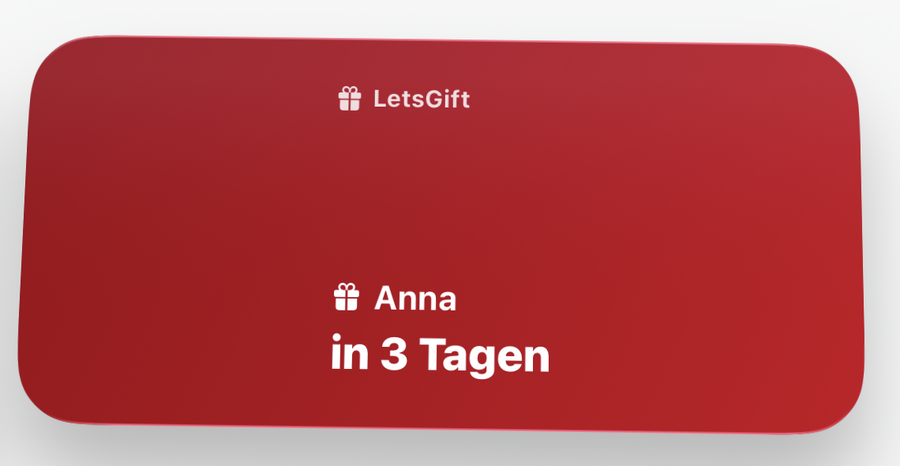 Wide LetsGift home screen widget showing a list of upcoming birthdays and occasions with countdowns.