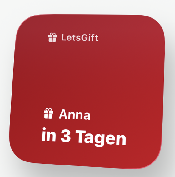 Small LetsGift home screen widget showing the next person with a countdown to their birthday.